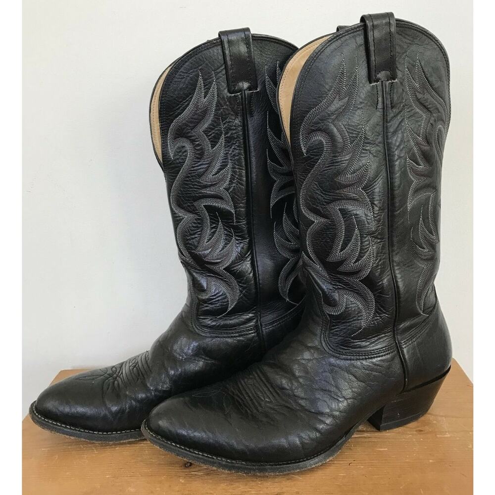 Vintage Nocona Black Flame Stitch Leather Cowboy Western Rodeo Boots 10D